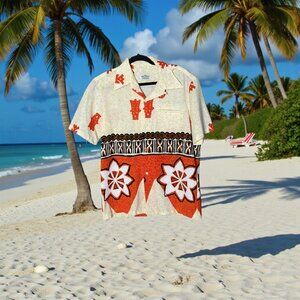 Malihini Hawaiian Shirt Vintage 70s Tribal AOP Loop Collar Tiki Tapa Print